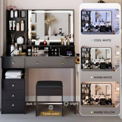 41 Large Size Left Drawer Desktop Vanity Table+Cushioned Stool Dresser Set, 2 AC+2 USB Power Station, Large Control LED Mirror, 3 - color Switch, EPA, GCC, Certificate