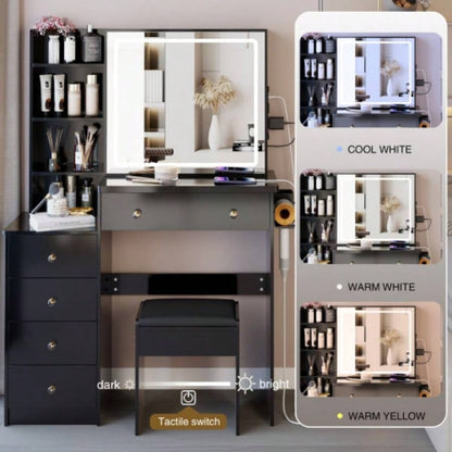 37 Middle Size Left Bedside Cabinet Vanity Table+ Cushioned Stool Dresser Set, 2 AC+2 USB Socket, Large Control LED Sliding Mirror, 3 - color Switch, EPA, GCC, Certificate
