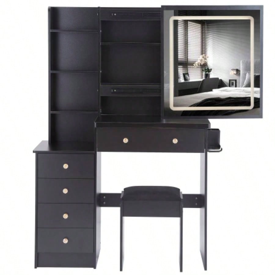 37 Middle Size Left Bedside Cabinet Vanity Table+ Cushioned Stool Dresser Set, 2 AC+2 USB Socket, Large Control LED Sliding Mirror, 3 - color Switch, EPA, GCC, Certificate