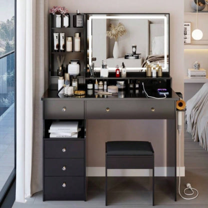 41 Large Size Left Drawer Desktop Vanity Table+Cushioned Stool Dresser Set, 2 AC+2 USB Power Station, Large Control LED Mirror, 3 - color Switch, EPA, GCC, Certificate