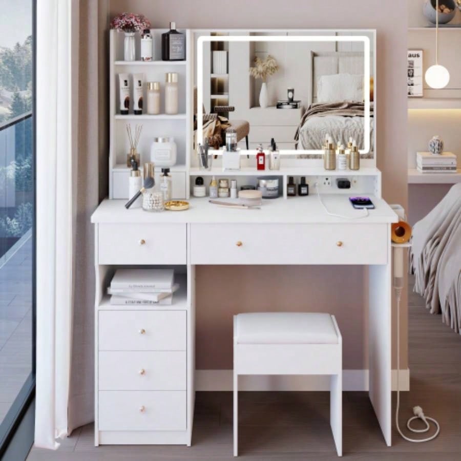 41 Large Size Left Drawer Desktop Vanity Table+Cushioned Stool Dresser Set, 2 AC+2 USB Power Station, Large Control LED Mirror, 3 - color Switch, EPA, GCC, Certificate
