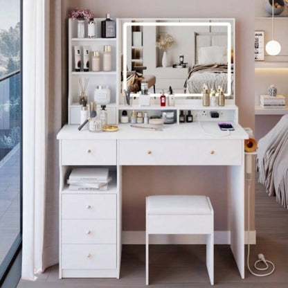 41 Large Size Left Drawer Desktop Vanity Table+Cushioned Stool Dresser Set, 2 AC+2 USB Power Station, Large Control LED Mirror, 3 - color Switch, EPA, GCC, Certificate