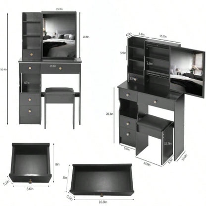 29.2 Small Space Left Drawer Desktop Vanity Table+ Cushioned Stool, Large Right sliding mirror, Multi Layer High Capacity Storage, Practical Fashionable Dresser, Suitable Small Space