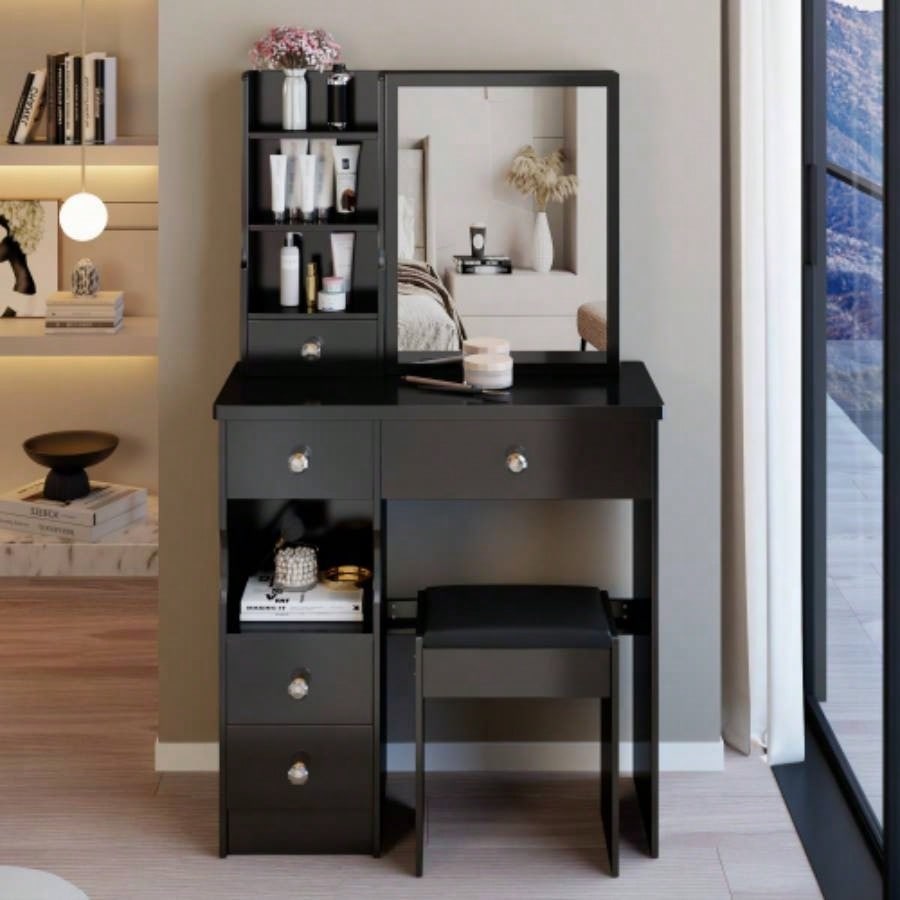 29.2 Small Size Left Drawer Desktop Vanity Table+ Cushioned Stool, Large Right sliding mirror, Multi Layer High Capacity Storage, Practical Fashionable Dresser, Suitable Small Space