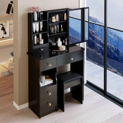 29.2 Small Size Left Drawer Desktop Vanity Table+ Cushioned Stool, Large Right sliding mirror, Multi Layer High Capacity Storage, Practical Fashionable Dresser, Suitable Small Space