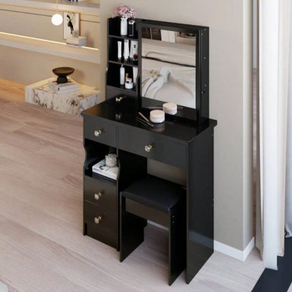 29.2 Small Size Left Drawer Desktop Vanity Table+ Cushioned Stool, Large Right sliding mirror, Multi Layer High Capacity Storage, Practical Fashionable Dresser, Suitable Small Space