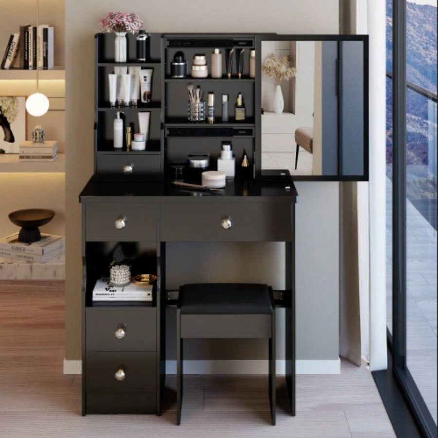 29.2 Small Size Left Drawer Desktop Vanity Table+ Cushioned Stool, Large Right sliding mirror, Multi Layer High Capacity Storage, Practical Fashionable Dresser, Suitable Small Space