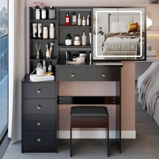 37 Middle Size Left Bedside Cabinet Vanity Table+ Cushioned Stool, Large Sliding, Control, Tri - color Switching, Brightness Adjust LED Mirror, High Capacity Storage, Suitable Middle Space