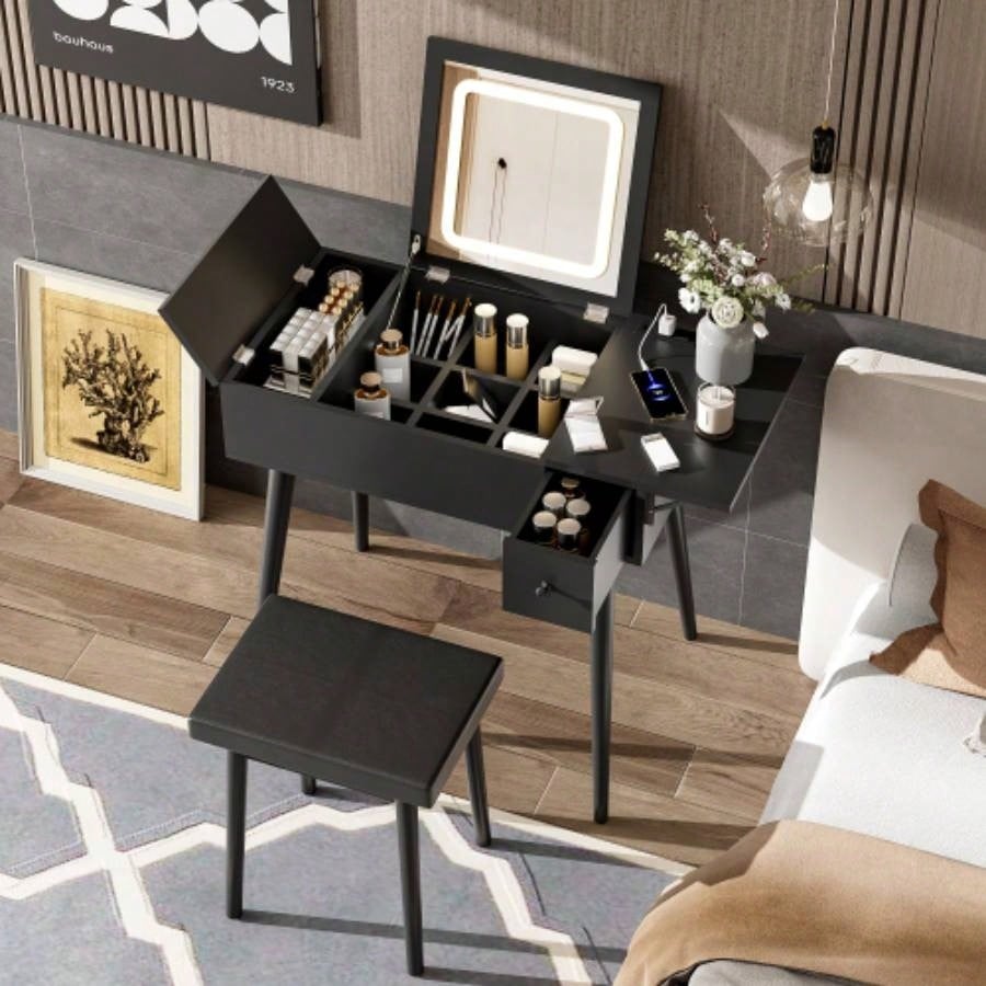 27.9 Black Makeup Vanity Desk with Flip Top Mirror and LED Light, Dressing Table with Charging Station, 2 Drawers and Fold - up Panel, Vanity Set with Cushioned Stool Bedroom