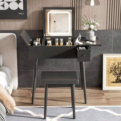 27.9 Black Makeup Vanity Desk with Flip Top Mirror and LED Light, Dressing Table with Charging Station, 2 Drawers and Fold - up Panel, Vanity Set with Cushioned Stool Bedroom