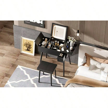 27.9 Black Makeup Vanity Desk with Flip Top Mirror and LED Light, Dressing Table with Charging Station, 2 Drawers and Fold - up Panel, Vanity Set with Cushioned Stool Bedroom