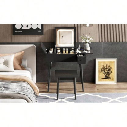 27.9 Black Makeup Vanity Desk with Flip Top Mirror and LED Light, Dressing Table with Charging Station, 2 Drawers and Fold - up Panel, Vanity Set with Cushioned Stool Bedroom
