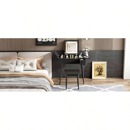 27.9 Black Makeup Vanity Desk with Flip Top Mirror and LED Light, Dressing Table with Charging Station, 2 Drawers and Fold - up Panel, Vanity Set with Cushioned Stool Bedroom