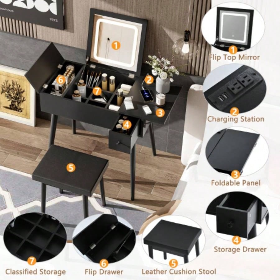 27.9 Black Makeup Vanity Desk with Flip Top Mirror and LED Light, Dressing Table with Charging Station, 2 Drawers and Fold - up Panel, Vanity Set with Cushioned Stool Bedroom