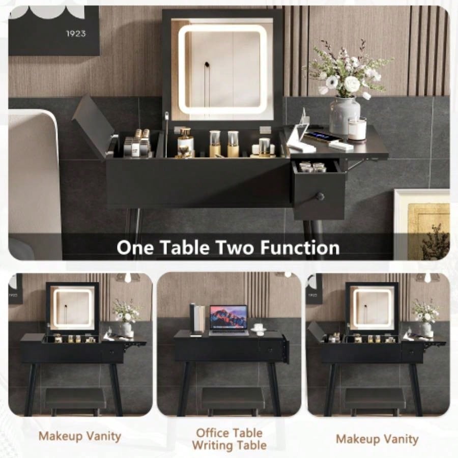 27.9 Black Makeup Vanity Desk with Flip Top Mirror and LED Light, Dressing Table with Charging Station, 2 Drawers and Fold - up Panel, Vanity Set with Cushioned Stool Bedroom
