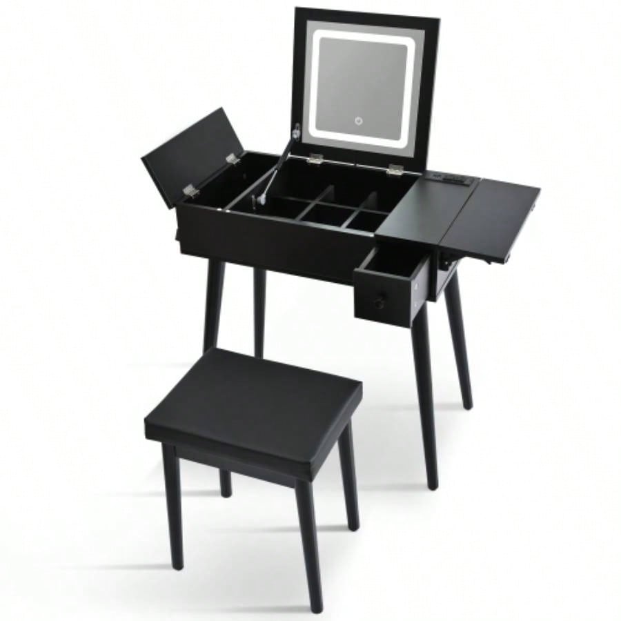 27.9 Black Makeup Vanity Desk with Flip Top Mirror and LED Light, Dressing Table with Charging Station, 2 Drawers and Fold - up Panel, Vanity Set with Cushioned Stool Bedroom