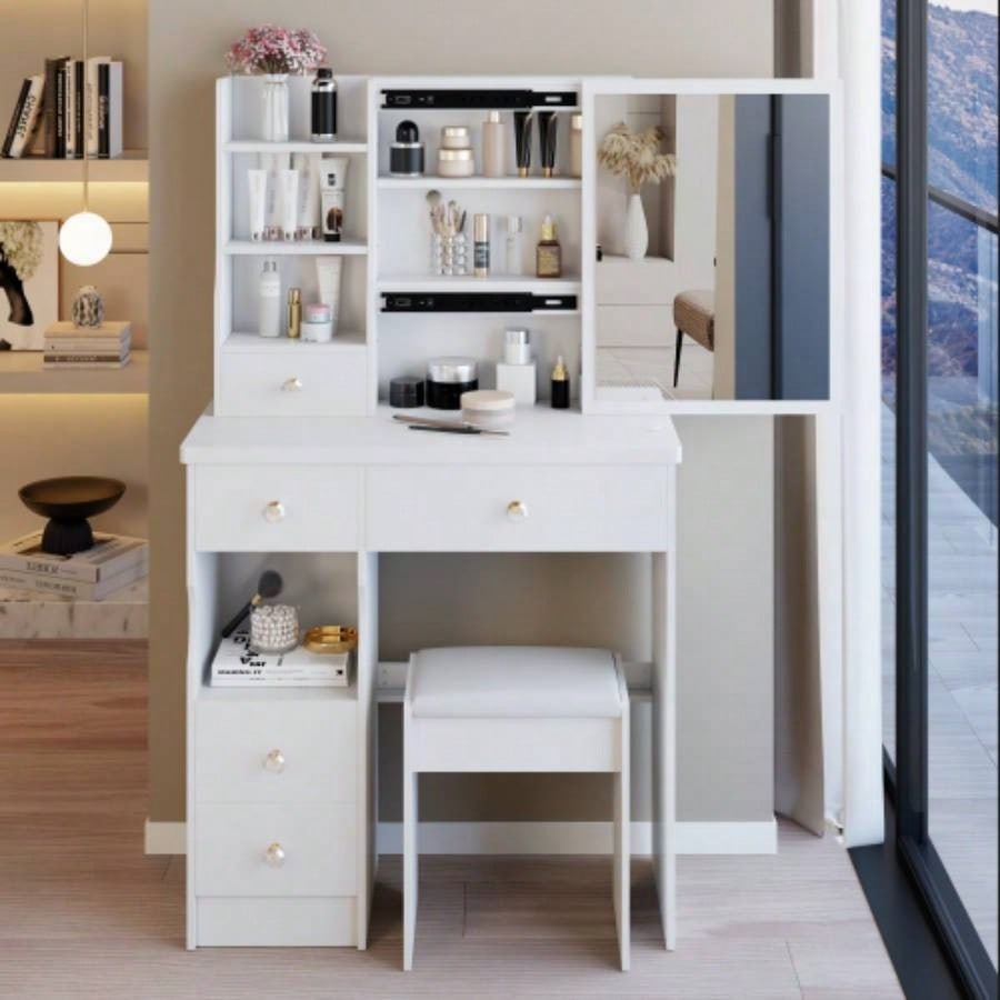 29.2 Small Size Left Drawer Desktop Vanity Table+ Cushioned Stool, Large Right sliding mirror, Multi Layer High Capacity Storage, Practical Fashionable Dresser, Suitable Small Space
