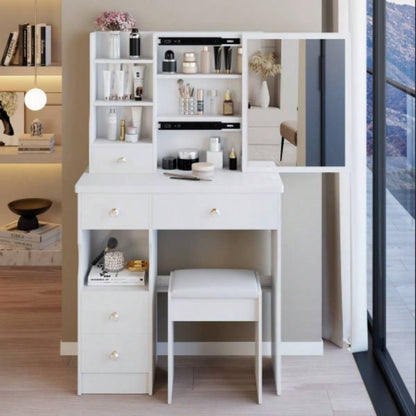 29.2 Small Size Left Drawer Desktop Vanity Table+ Cushioned Stool, Large Right sliding mirror, Multi Layer High Capacity Storage, Practical Fashionable Dresser, Suitable Small Space