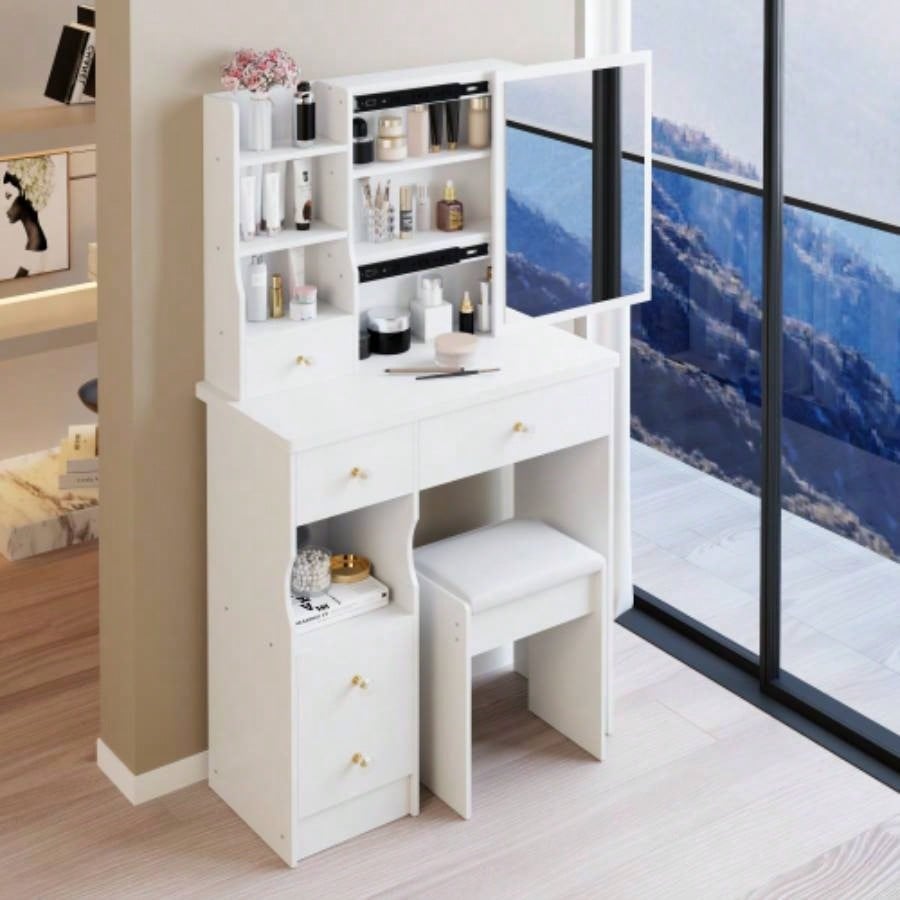 29.2 Small Size Left Drawer Desktop Vanity Table+ Cushioned Stool, Large Right sliding mirror, Multi Layer High Capacity Storage, Practical Fashionable Dresser, Suitable Small Space