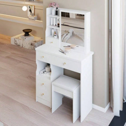 29.2 Small Size Left Drawer Desktop Vanity Table+ Cushioned Stool, Large Right sliding mirror, Multi Layer High Capacity Storage, Practical Fashionable Dresser, Suitable Small Space