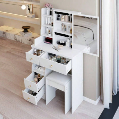 29.2 Small Size Left Drawer Desktop Vanity Table+ Cushioned Stool, Large Right sliding mirror, Multi Layer High Capacity Storage, Practical Fashionable Dresser, Suitable Small Space