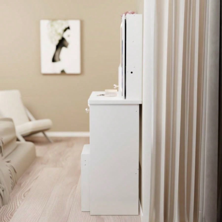 29.2 Small Size Left Drawer Desktop Vanity Table+ Cushioned Stool, Large Right sliding mirror, Multi Layer High Capacity Storage, Practical Fashionable Dresser, Suitable Small Space