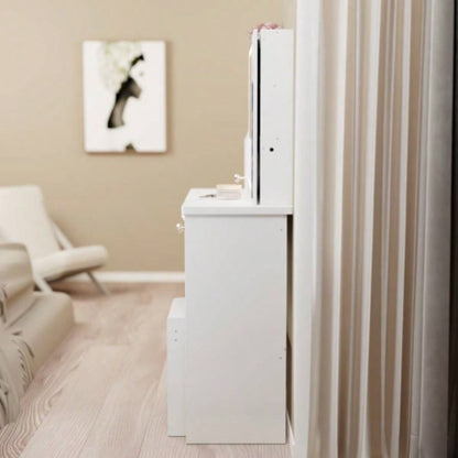 29.2 Small Size Left Drawer Desktop Vanity Table+ Cushioned Stool, Large Right sliding mirror, Multi Layer High Capacity Storage, Practical Fashionable Dresser, Suitable Small Space