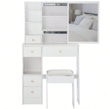 29.2 Small Space Left Drawer Desktop Vanity Table+ Cushioned Stool, Large Right sliding mirror, Multi Layer High Capacity Storage, Practical Fashionable Dresser, Suitable Small Space