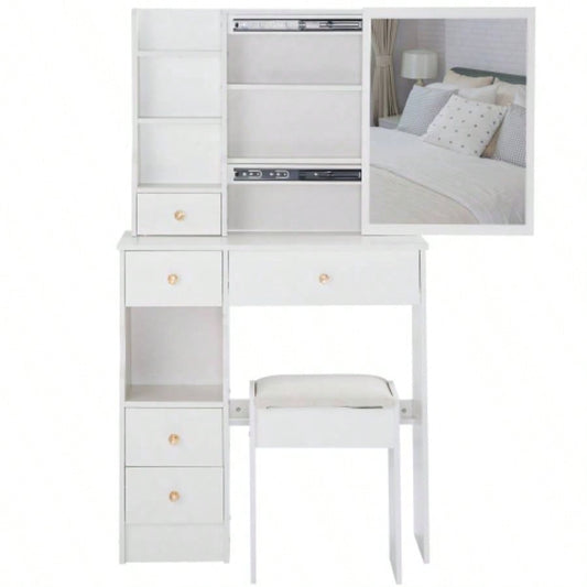 29.2 Small Space Left Drawer Desktop Vanity Table+ Cushioned Stool, Large Right sliding mirror, Multi Layer High Capacity Storage, Practical Fashionable Dresser, Suitable Small Space