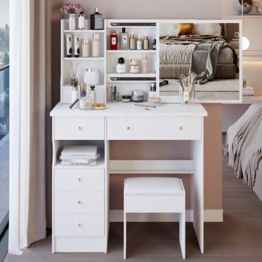 29.2 Small Size Left Drawer Desktop Vanity Table+ Cushioned Stool, Large Right sliding mirror, Multi Layer High Capacity Storage, Practical Fashionable Dresser, Suitable Small Space