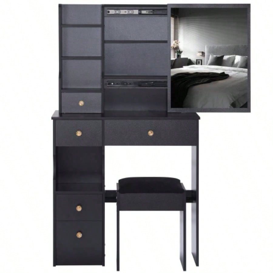 29.2 Small Space Left Drawer Desktop Vanity Table+ Cushioned Stool, Large Right sliding mirror, Multi Layer High Capacity Storage, Practical Fashionable Dresser, Suitable Small Space