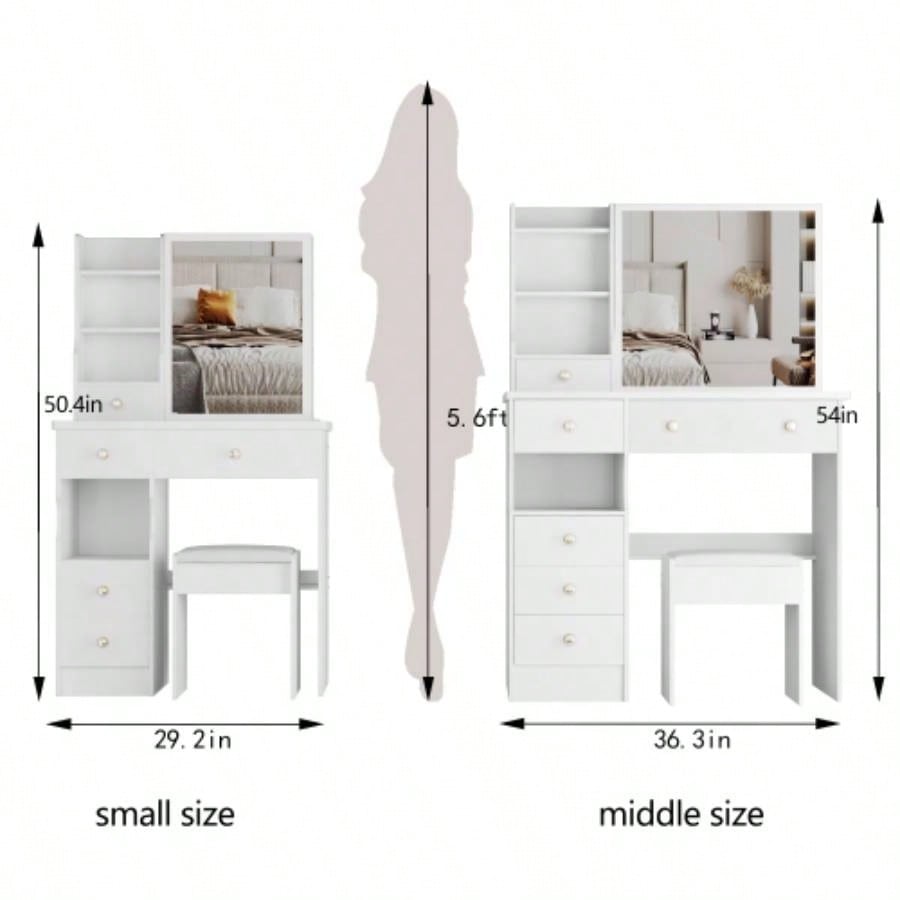 29.2 Small Space Left Drawer Desktop Vanity Table+ Cushioned Stool, Large Right sliding mirror, Multi Layer High Capacity Storage, Practical Fashionable Dresser, Suitable Small Space