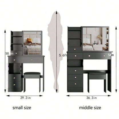 29.2 Small Space Left Drawer Desktop Vanity Table+ Cushioned Stool, Large Right sliding mirror, Multi Layer High Capacity Storage, Practical Fashionable Dresser, Suitable Small Space