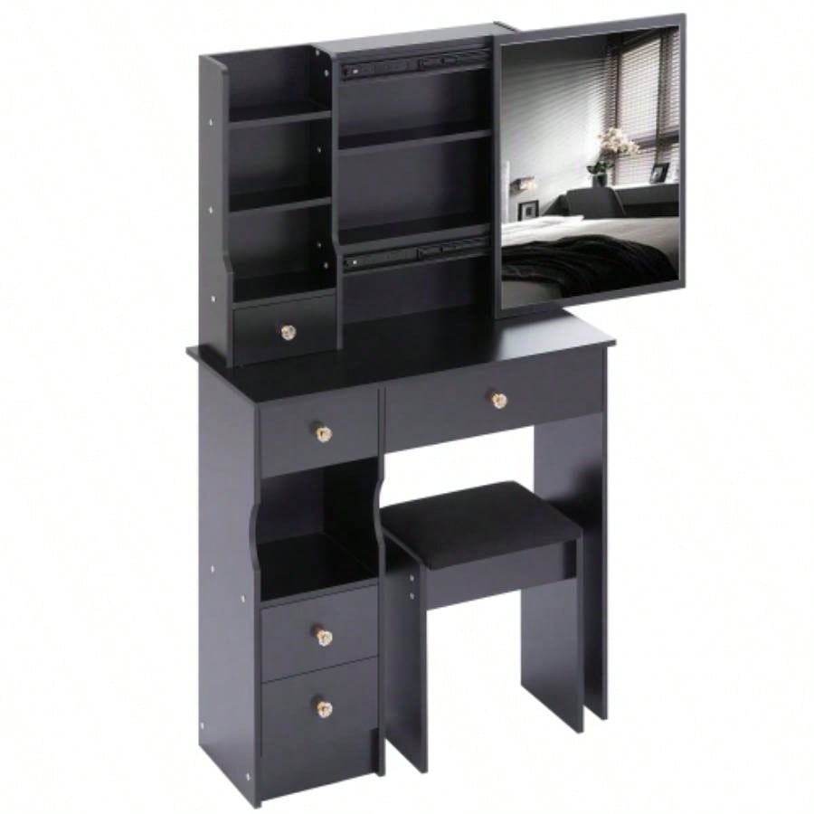 29.2 Small Space Left Drawer Desktop Vanity Table+ Cushioned Stool, Large Right sliding mirror, Multi Layer High Capacity Storage, Practical Fashionable Dresser, Suitable Small Space