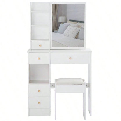 29.2 Small Space Left Drawer Desktop Vanity Table+ Cushioned Stool, Large Right sliding mirror, Multi Layer High Capacity Storage, Practical Fashionable Dresser, Suitable Small Space