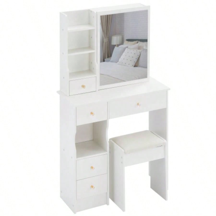 29.2 Small Space Left Drawer Desktop Vanity Table+ Cushioned Stool, Large Right sliding mirror, Multi Layer High Capacity Storage, Practical Fashionable Dresser, Suitable Small Space