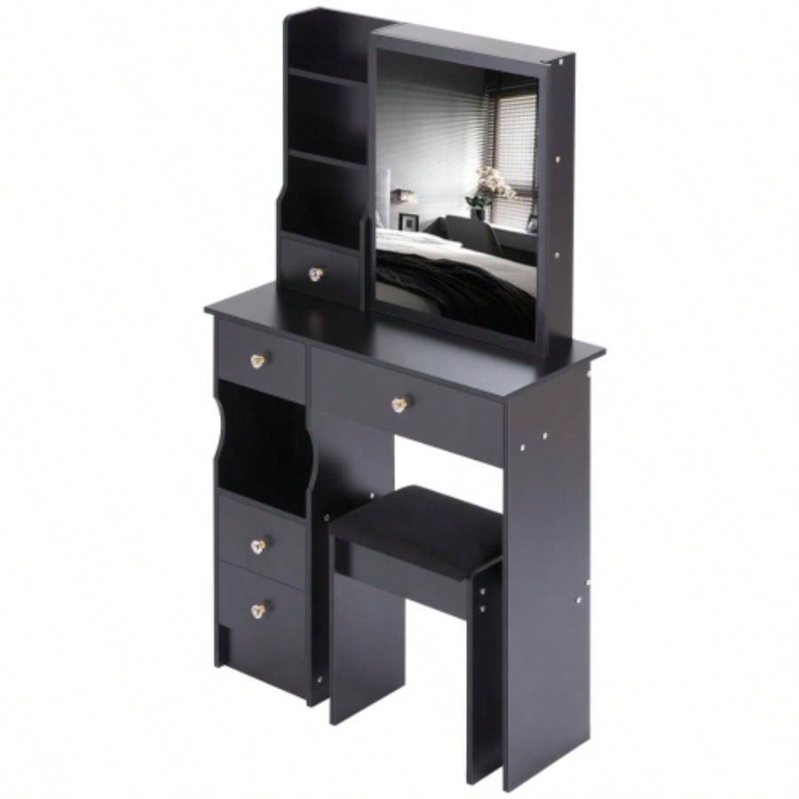 29.2 Small Space Left Drawer Desktop Vanity Table+ Cushioned Stool, Large Right sliding mirror, Multi Layer High Capacity Storage, Practical Fashionable Dresser, Suitable Small Space