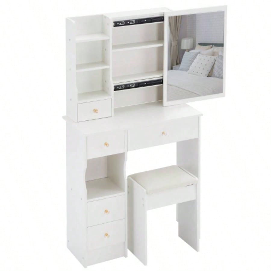 29.2 Small Space Left Drawer Desktop Vanity Table+ Cushioned Stool, Large Right sliding mirror, Multi Layer High Capacity Storage, Practical Fashionable Dresser, Suitable Small Space