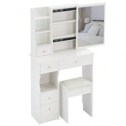 29.2 Small Space Left Drawer Desktop Vanity Table+ Cushioned Stool, Large Right sliding mirror, Multi Layer High Capacity Storage, Practical Fashionable Dresser, Suitable Small Space