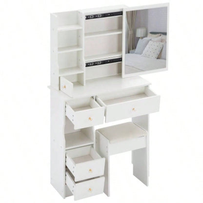 29.2 Small Space Left Drawer Desktop Vanity Table+ Cushioned Stool, Large Right sliding mirror, Multi Layer High Capacity Storage, Practical Fashionable Dresser, Suitable Small Space
