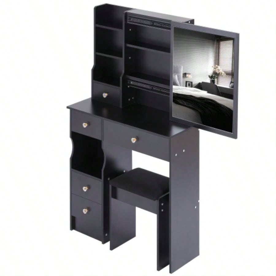 29.2 Small Space Left Drawer Desktop Vanity Table+ Cushioned Stool, Large Right sliding mirror, Multi Layer High Capacity Storage, Practical Fashionable Dresser, Suitable Small Space