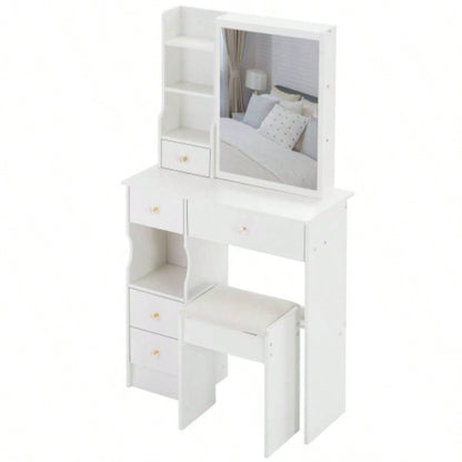 29.2 Small Space Left Drawer Desktop Vanity Table+ Cushioned Stool, Large Right sliding mirror, Multi Layer High Capacity Storage, Practical Fashionable Dresser, Suitable Small Space