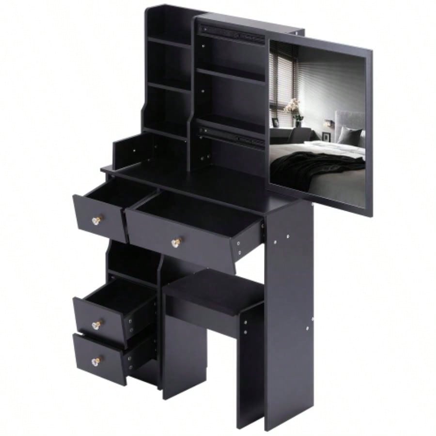 29.2 Small Space Left Drawer Desktop Vanity Table+ Cushioned Stool, Large Right sliding mirror, Multi Layer High Capacity Storage, Practical Fashionable Dresser, Suitable Small Space