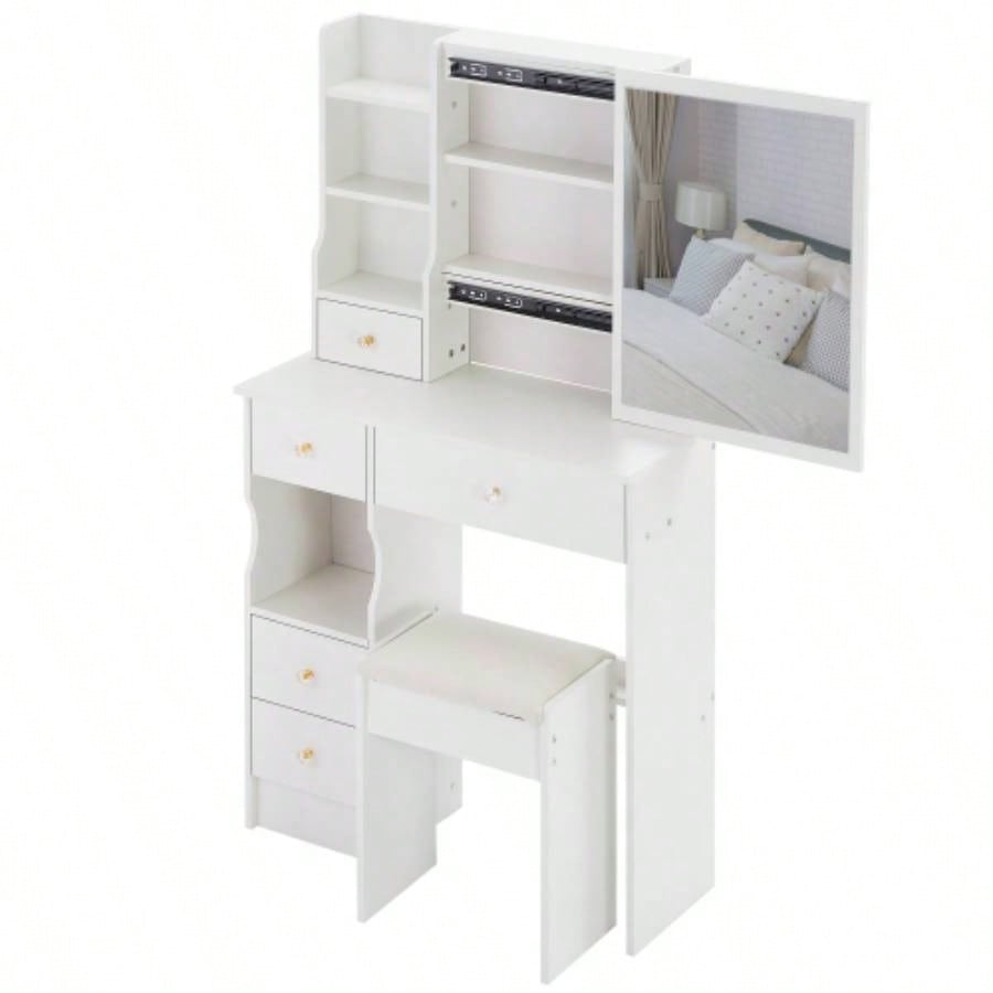 29.2 Small Space Left Drawer Desktop Vanity Table+ Cushioned Stool, Large Right sliding mirror, Multi Layer High Capacity Storage, Practical Fashionable Dresser, Suitable Small Space