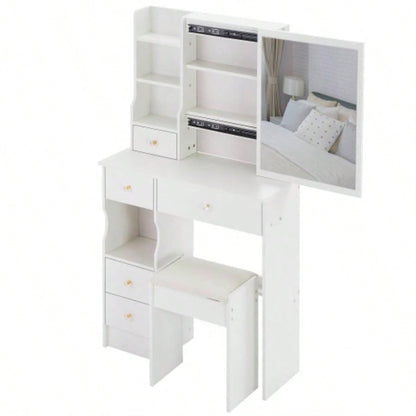 29.2 Small Space Left Drawer Desktop Vanity Table+ Cushioned Stool, Large Right sliding mirror, Multi Layer High Capacity Storage, Practical Fashionable Dresser, Suitable Small Space