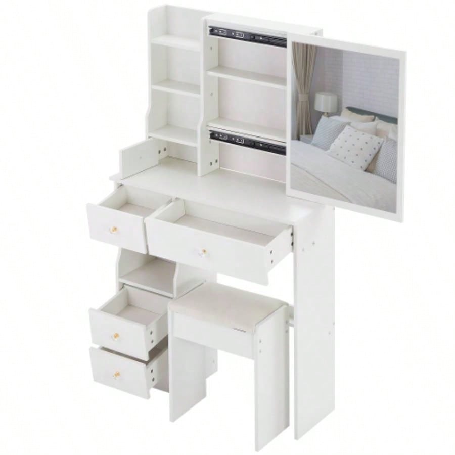 29.2 Small Space Left Drawer Desktop Vanity Table+ Cushioned Stool, Large Right sliding mirror, Multi Layer High Capacity Storage, Practical Fashionable Dresser, Suitable Small Space