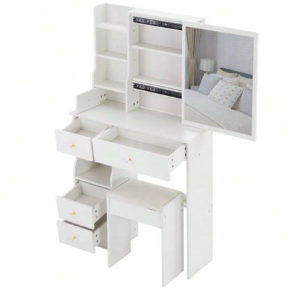 29.2 Small Space Left Drawer Desktop Vanity Table+ Cushioned Stool, Large Right sliding mirror, Multi Layer High Capacity Storage, Practical Fashionable Dresser, Suitable Small Space
