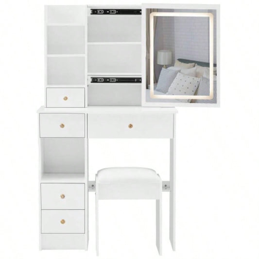 29.2 Small Size Left Drawer Desktop Vanity Table+ Cushioned Stool, Large Sliding, Control, Tri - color Switching, Brightness Adjust LED Mirror, High Capacity Storage, Suitable Small Space