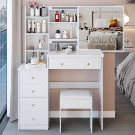 37 Middle Size Left Bedside Cabinet Vanity Table+ Cushioned Stool, Large Right sliding mirror, Multi Layer High Capacity Storage, Practical Fashionable Dresser, Suitable Large Space