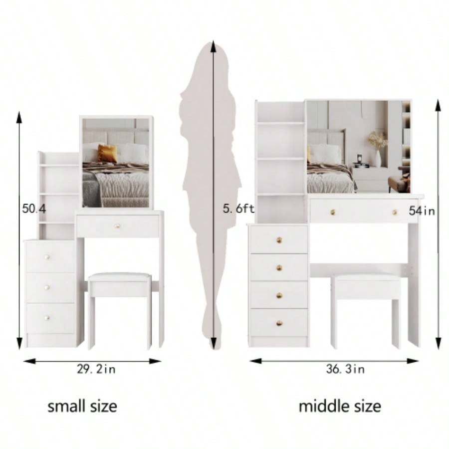 37 Middle Size Left Bedside Cabinet Vanity Table+ Cushioned Stool, Large Right sliding mirror, Multi Layer High Capacity Storage, Practical Fashionable Dresser, Suitable Large Space